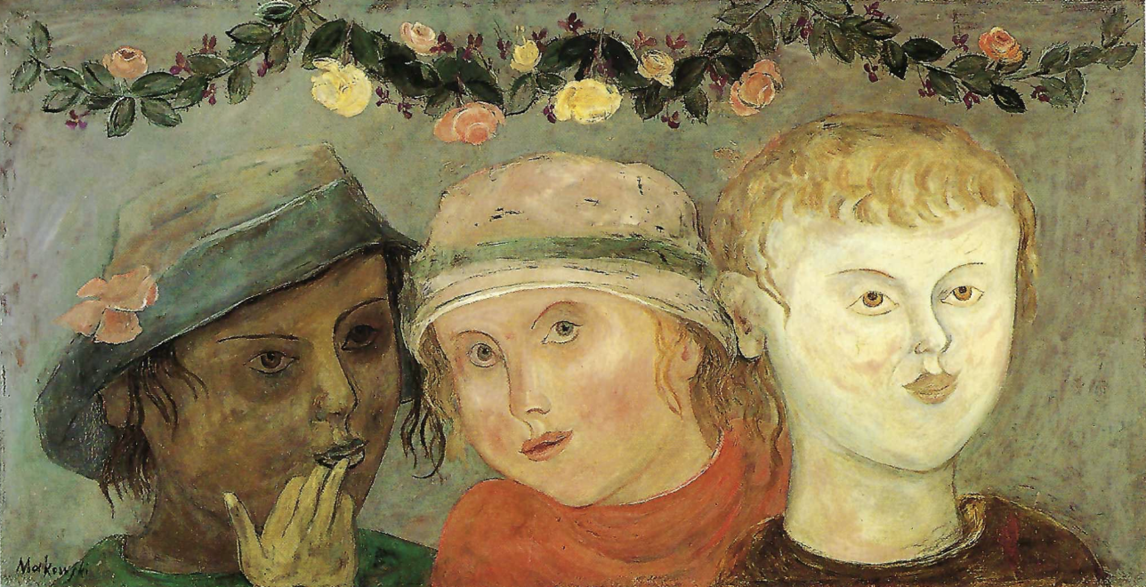 Trois fillettes sous une guirlande de fleurs